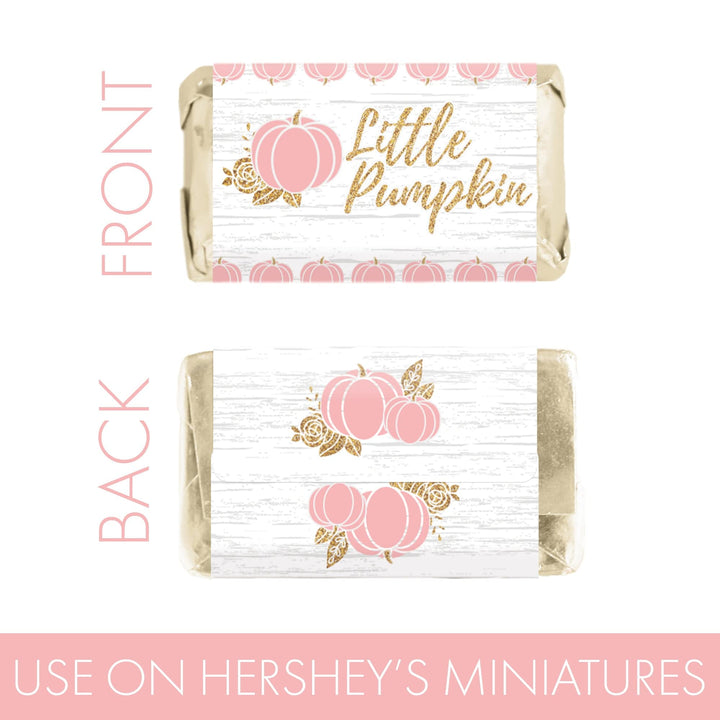 Little Pumpkin: Pink & Gold - Baby Shower - Mini Candy Bar Wrappers-  Fall, Girl  - 45 Stickers - Distinctivs Party