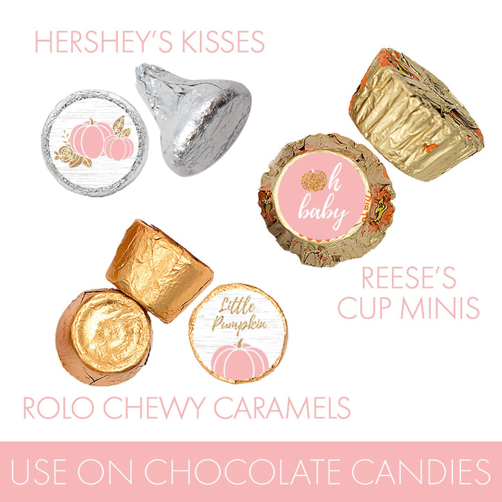 Little Pumpkin: Pink & Gold - Baby Shower - Party Favor Stickers-  Fits on Hershey's Kisses  Fall, Girl -180 Stickers - Distinctivs Party