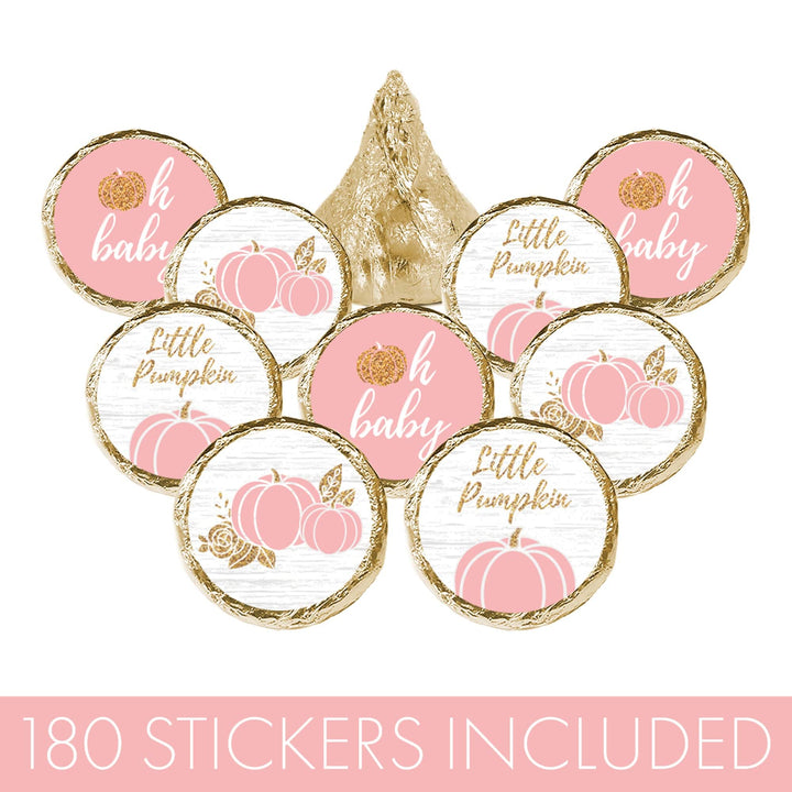 Little Pumpkin: Pink & Gold - Baby Shower - Party Favor Stickers-  Fits on Hershey's Kisses  Fall, Girl -180 Stickers - Distinctivs Party