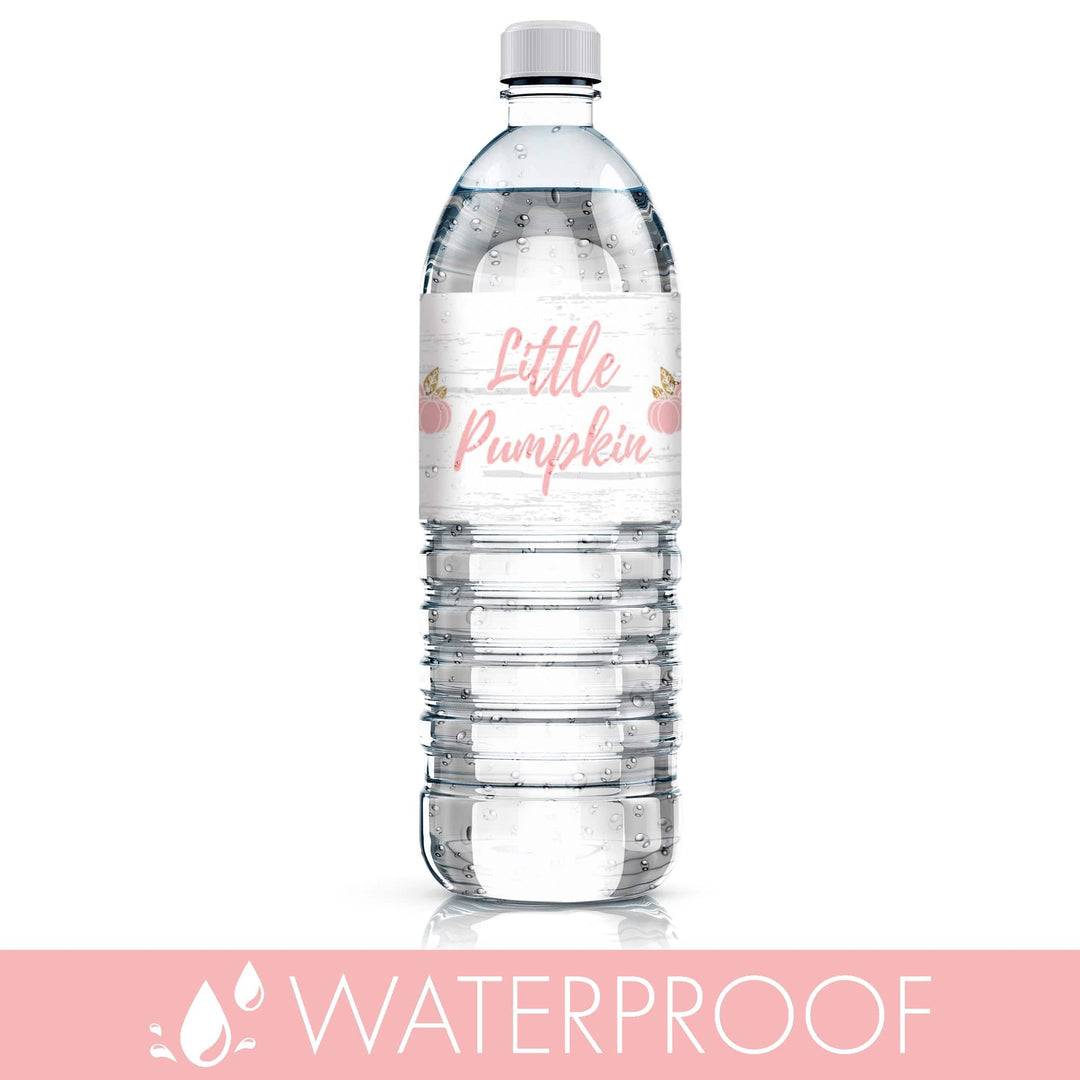 Little Pumpkin: Pink & Gold -Baby Shower -  Water Bottle Labels -  Fall, Girl  - 20 Stickers - Distinctivs Party