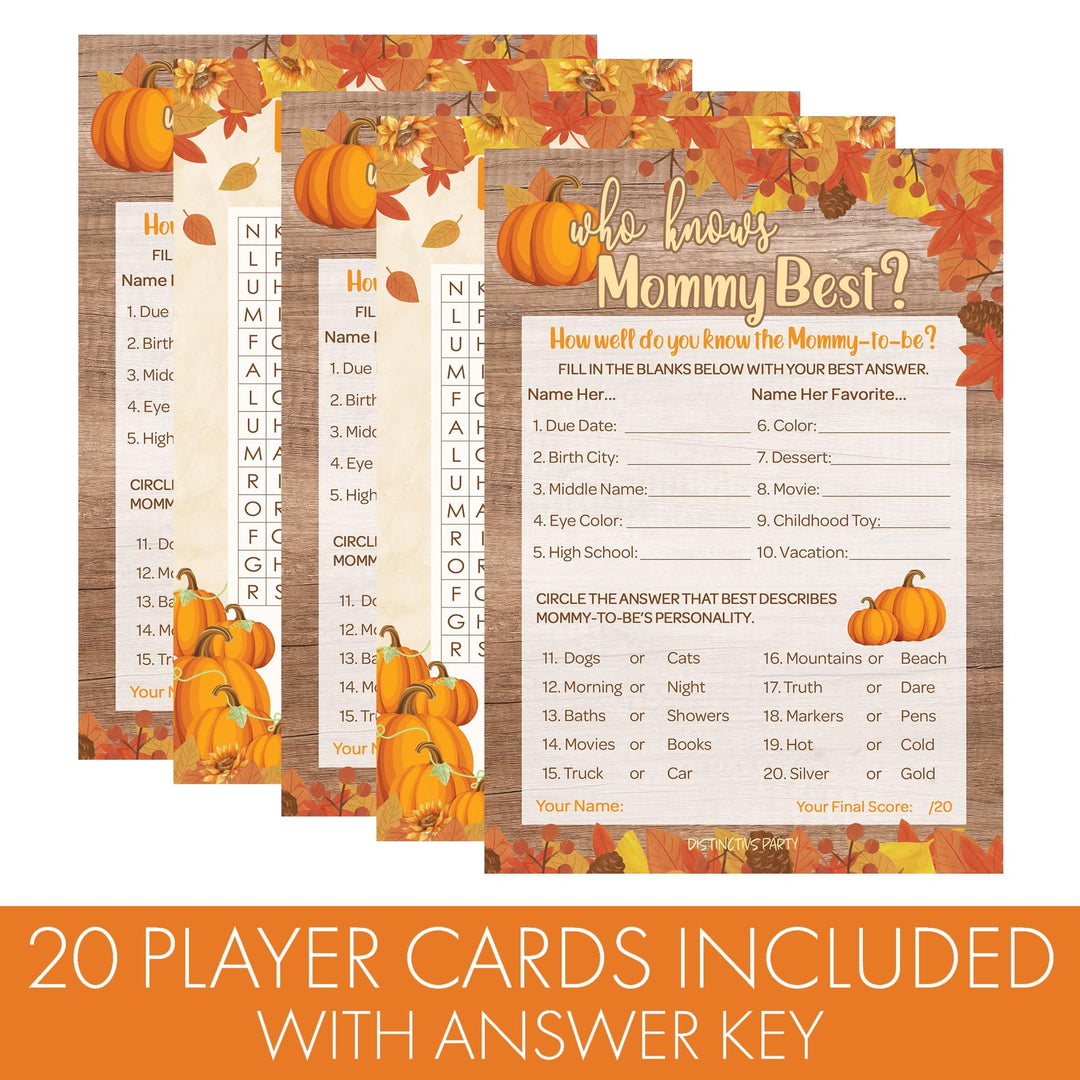 Little Pumpkin: Rustic Orange - Baby Shower Game - Word Search and Who Knows Mommy Best Party Activity - Two Game Bundle - 20 Dual Sided Cards - Distinctivs Party