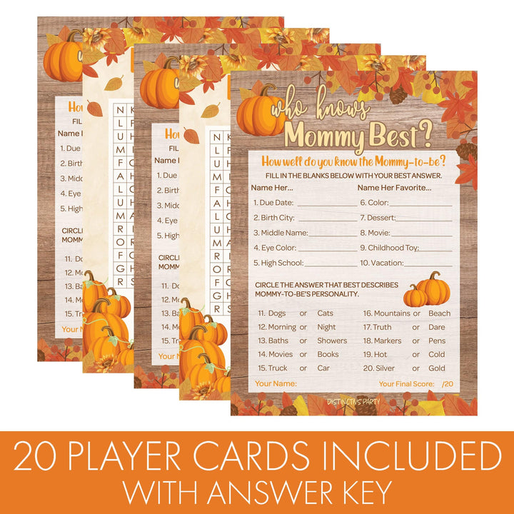 Little Pumpkin: Rustic Orange - Baby Shower Game - Word Search and Who Knows Mommy Best Party Activity - Two Game Bundle - 20 Dual Sided Cards - Distinctivs Party