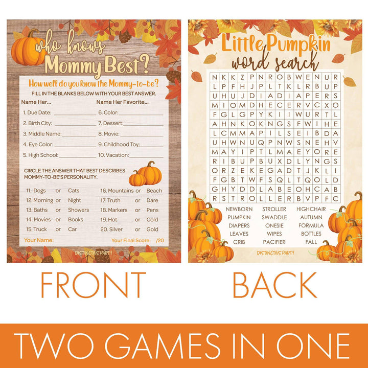 Little Pumpkin: Rustic Orange - Baby Shower Game - Word Search and Who Knows Mommy Best Party Activity - Two Game Bundle - 20 Dual Sided Cards - Distinctivs Party