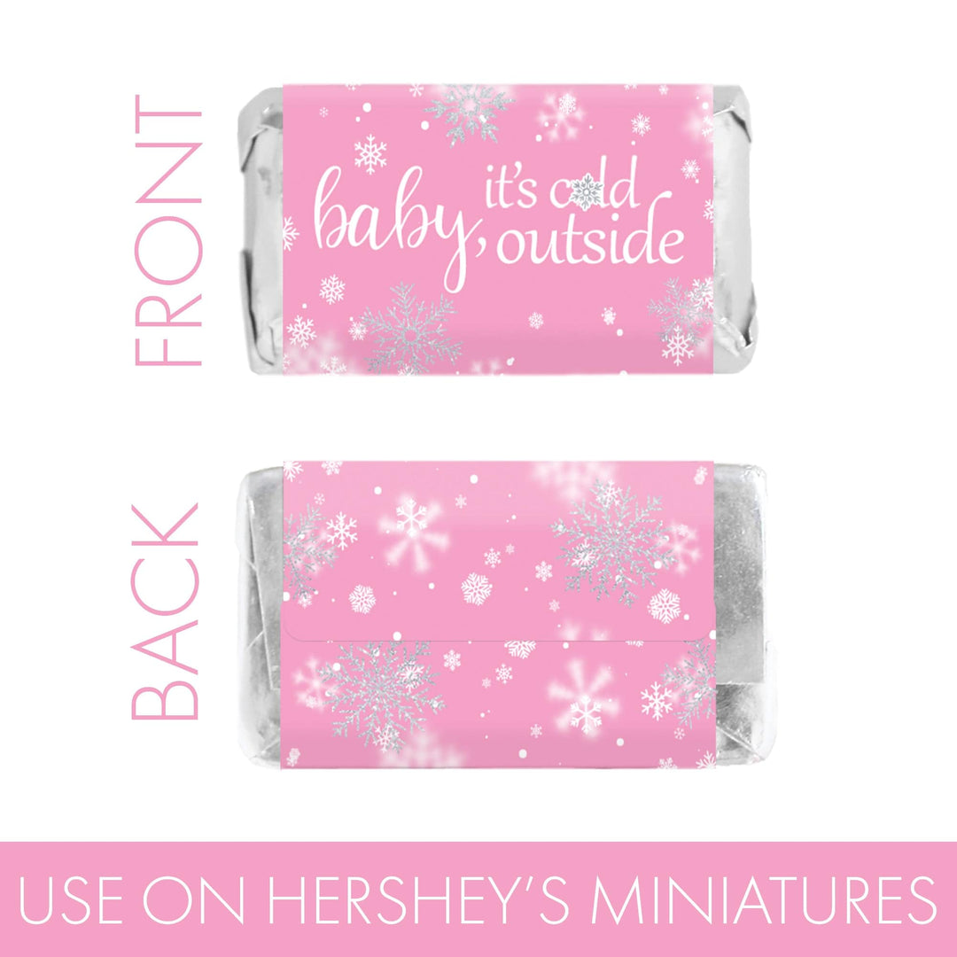 Little Snowflake: Pink -  Winter Baby Shower Mini Candy Bar Wrappers - Fits on Hershey® Miniatures -  Girl - Baby It's Cold Outside - 45 Stickers - Distinctivs Party