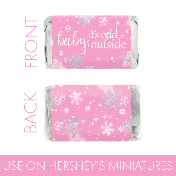 Little Snowflake: Pink -  Winter Baby Shower Mini Candy Bar Wrappers - Fits on Hershey® Miniatures -  Girl - Baby It's Cold Outside - 45 Stickers - Distinctivs Party
