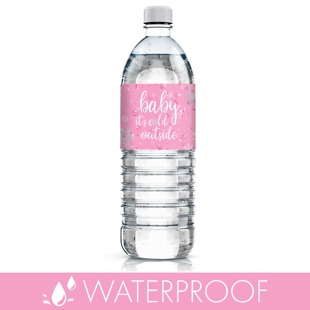 Little Snowflake: Pink -  Winter Baby Shower Water Bottle Labels - Girl - Baby It's Cold Outside - 24 Waterproof Stickers - Distinctivs Party