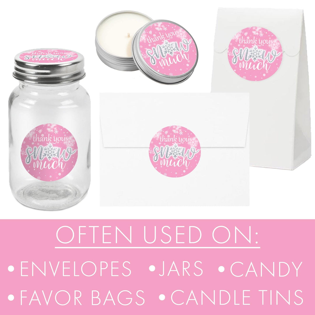 Little Snowflake: Pink -  Winter Birthday or Baby Shower - Girl - Thank You Snow Much Stickers - 40 Stickers - Distinctivs Party