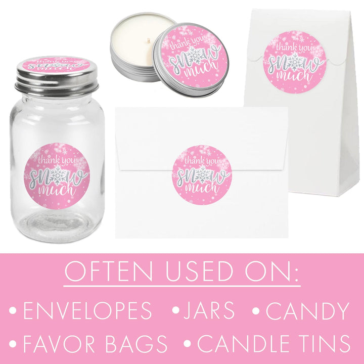 Little Snowflake: Pink -  Winter Birthday or Baby Shower - Girl - Thank You Snow Much Stickers - 40 Stickers - Distinctivs Party