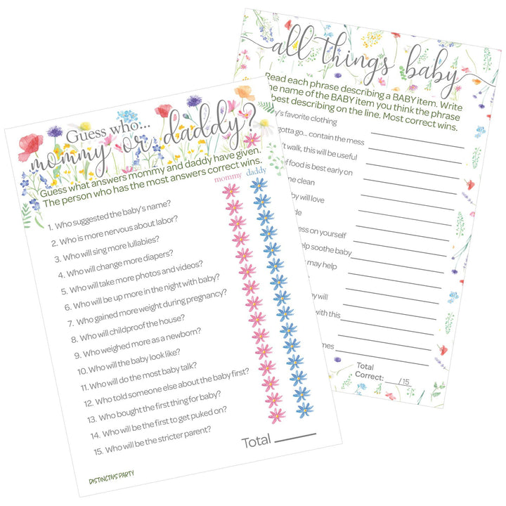Little Wildflower: Baby Shower Game - All Things Baby and "Guess Who" - Two Game Bundle - Girl, Spring - 20 Dual-Sided Game Cards - Distinctivs Party