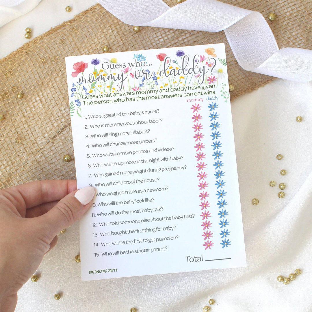Little Wildflower: Baby Shower Game - All Things Baby and "Guess Who" - Two Game Bundle - Girl, Spring - 20 Dual-Sided Game Cards - Distinctivs Party