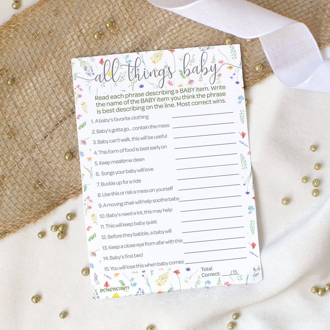 Little Wildflower: Baby Shower Game - All Things Baby and "Guess Who" - Two Game Bundle - Girl, Spring - 20 Dual-Sided Game Cards - Distinctivs Party