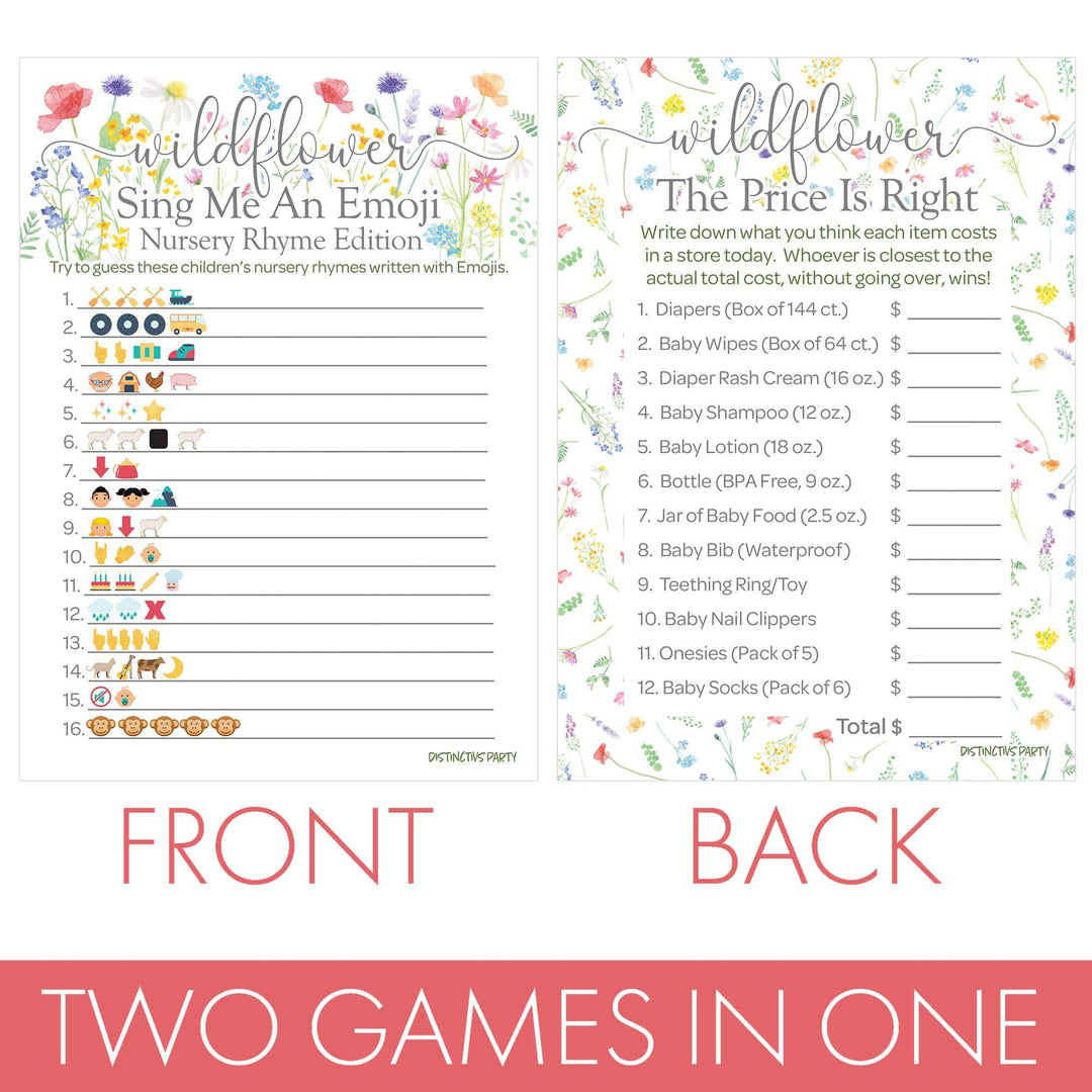 Little Wildflower: Baby Shower Game - Emoji Guessing Game and Price is Right Baby Shower - Two Game Bundle -  Girl, Spring -20 Dual-Sided Game Cards - Distinctivs Party