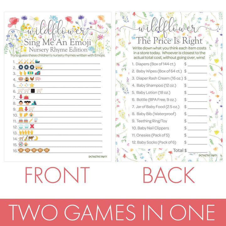 Little Wildflower: Baby Shower Game - Emoji Guessing Game and Price is Right Baby Shower - Two Game Bundle -  Girl, Spring -20 Dual-Sided Game Cards - Distinctivs Party