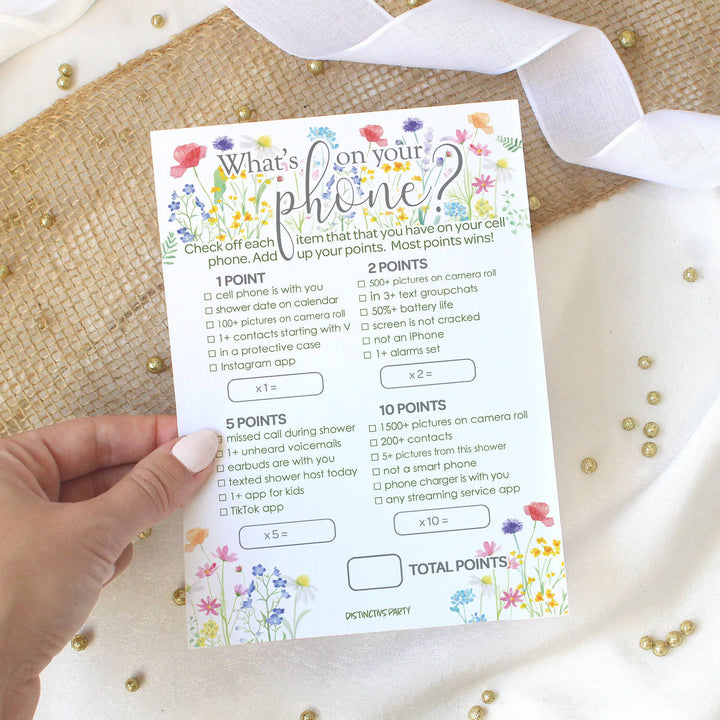 Little Wildflower: Baby Shower Game - What's On Your Phone and Word Scramble Baby Shower - Two Game Bundle -  Girl, Spring - 20 Dual-Sided Game Cards - Distinctivs Party