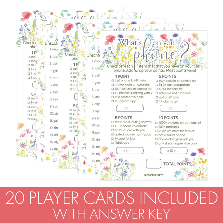 Little Wildflower: Baby Shower Game - What's On Your Phone and Word Scramble Baby Shower - Two Game Bundle -  Girl, Spring - 20 Dual-Sided Game Cards - Distinctivs Party