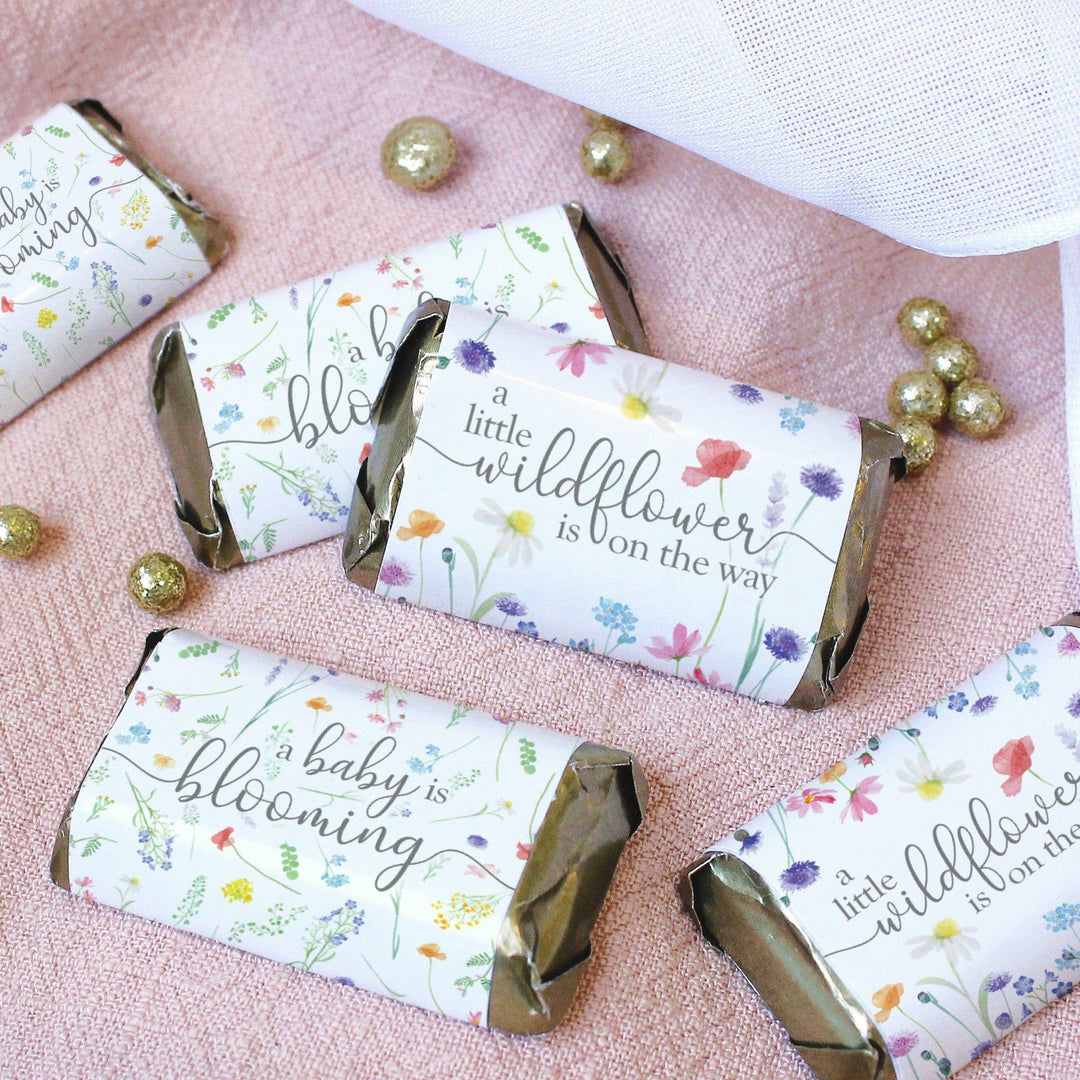 Little Wildflower: Girl's Baby Shower Mini Candy Bar Wrappers - Spring - 45 Party Favor Stickers - Distinctivs Party