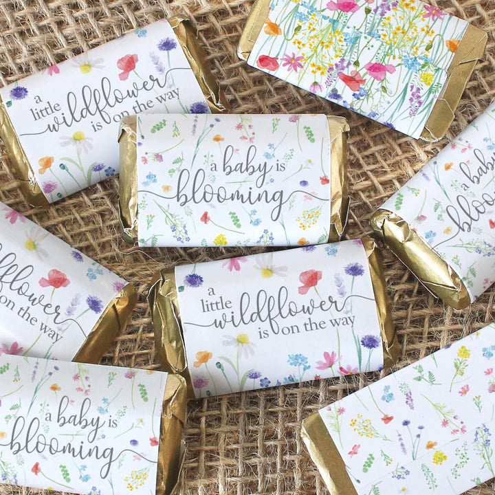 Little Wildflower: Girl's Baby Shower Mini Candy Bar Wrappers - Spring - 45 Party Favor Stickers - Distinctivs Party