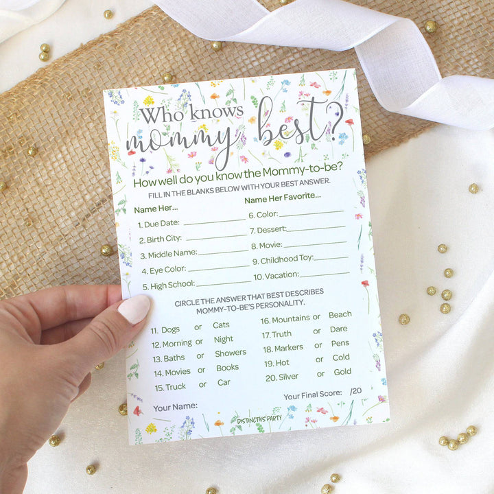 Little Wildflower: Who Knows Mommy Best and Word Search Baby Shower - Two Game Bundle - Girl, Spring - 20 Dual-Sided Game Cards - Distinctivs Party