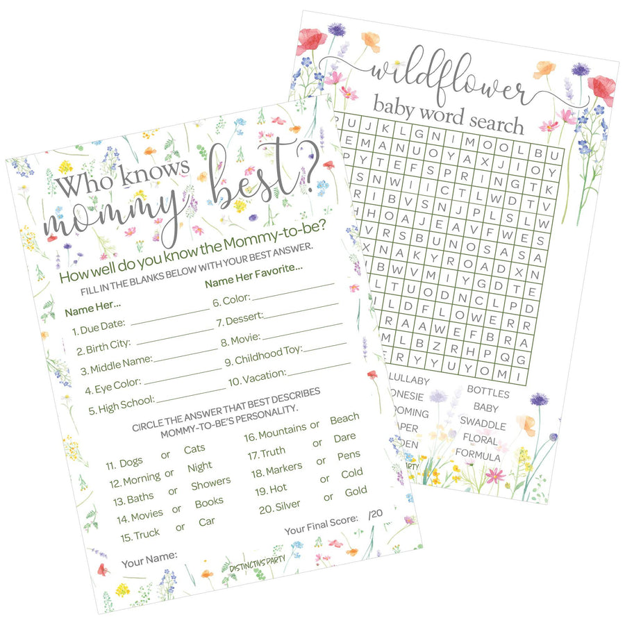 Little Wildflower: Who Knows Mommy Best and Word Search Baby Shower - Two Game Bundle - Girl, Spring - 20 Dual-Sided Game Cards - Distinctivs Party