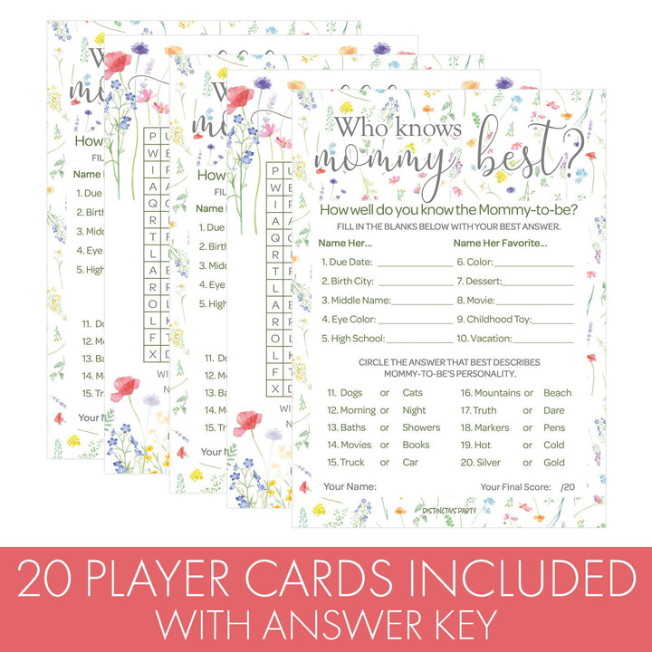 Little Wildflower: Who Knows Mommy Best and Word Search Baby Shower - Two Game Bundle - Girl, Spring - 20 Dual-Sided Game Cards - Distinctivs Party