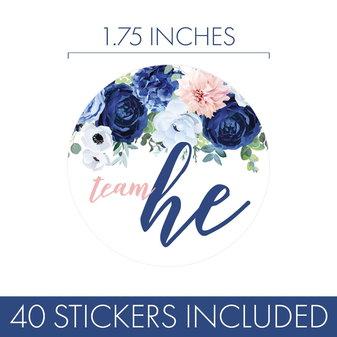 Navy & Blush Floral: Gender Reveal Party -Team He or Team She - 40 Stickers - Distinctivs Party
