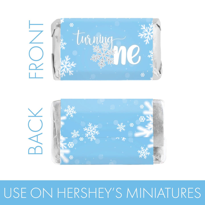 Onederland Snowflake: Blue - Winter First Birthday - Hershey's Miniatures Candy Bar Wrappers Stickers - 45 Stickers - Distinctivs Party
