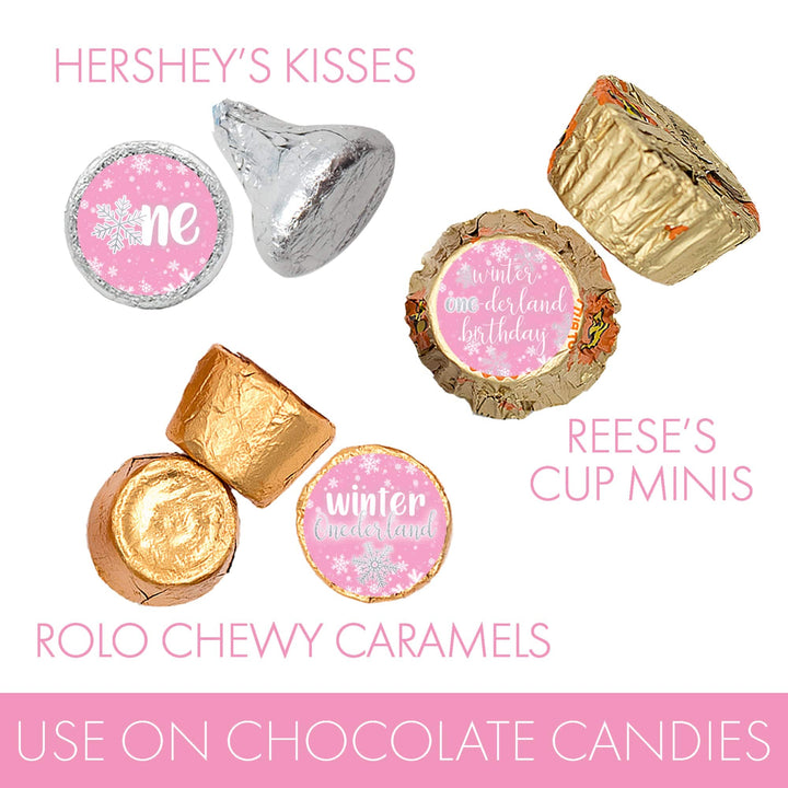 Onederland Snowflake: Pink - Winter First Birthday - Favor Stickers - Fits on Hershey's Kisses - 180 Stickers - Distinctivs Party