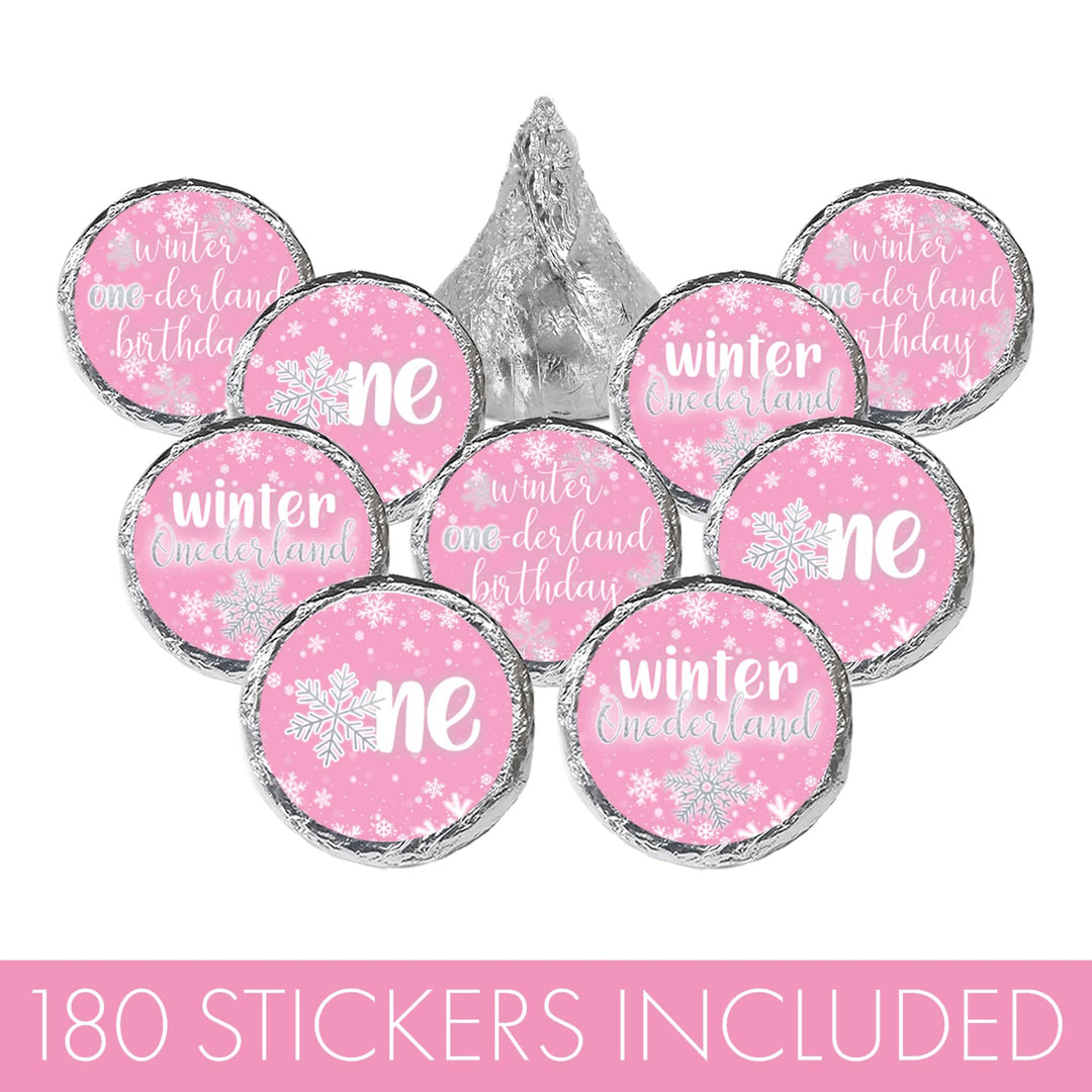 Onederland Snowflake: Pink - Winter First Birthday - Favor Stickers - Fits on Hershey's Kisses - 180 Stickers - Distinctivs Party