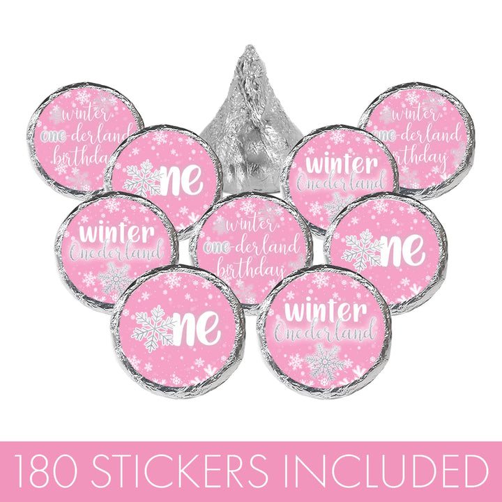Onederland Snowflake: Pink - Winter First Birthday - Favor Stickers - Fits on Hershey's Kisses - 180 Stickers - Distinctivs Party