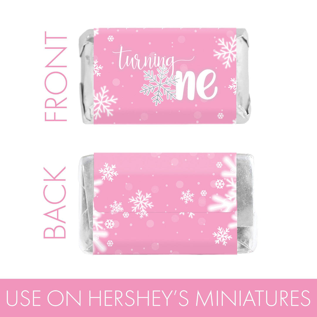 Onederland Snowflake: Pink - Winter First Birthday - Hershey's Miniatures Candy Bar Wrappers - 45 Stickers - Distinctivs Party