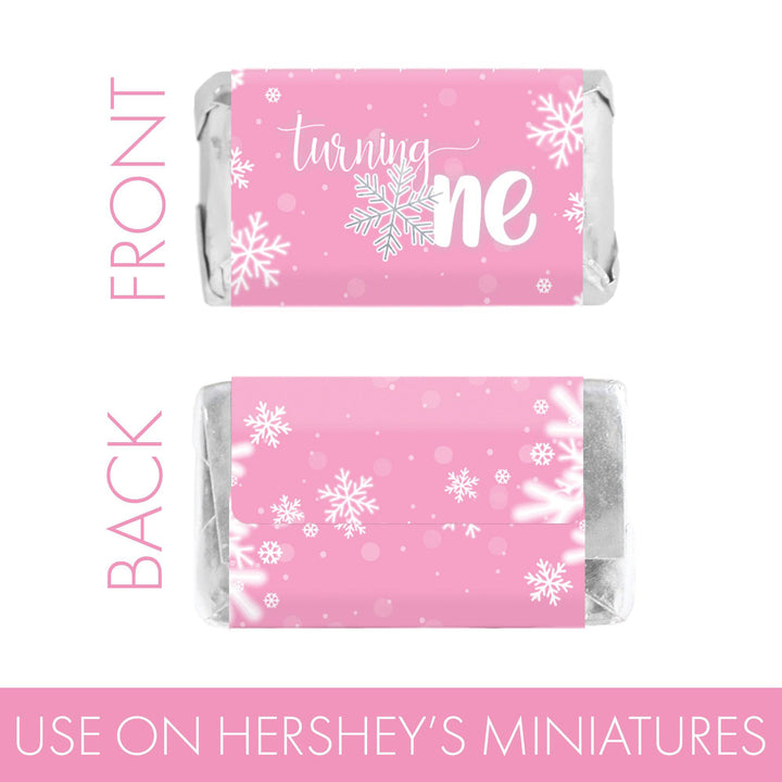 Onederland Snowflake: Pink - Winter First Birthday - Hershey's Miniatures Candy Bar Wrappers - 45 Stickers - Distinctivs Party