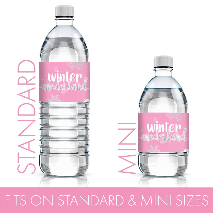 Onederland Snowflake: Pink-  Winter First Birthday - Water Bottle Labels - 24 Waterproof Stickers - Distinctivs Party