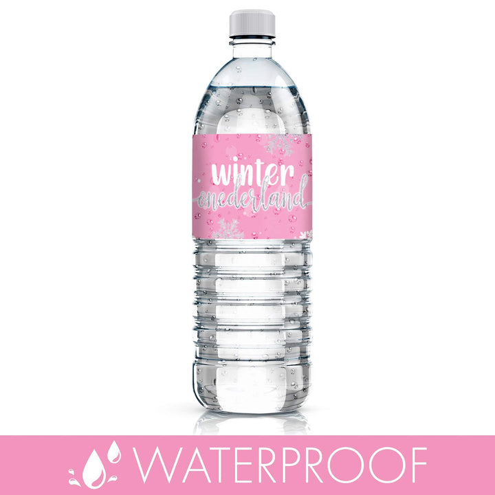 Onederland Snowflake: Pink-  Winter First Birthday - Water Bottle Labels - 24 Waterproof Stickers - Distinctivs Party