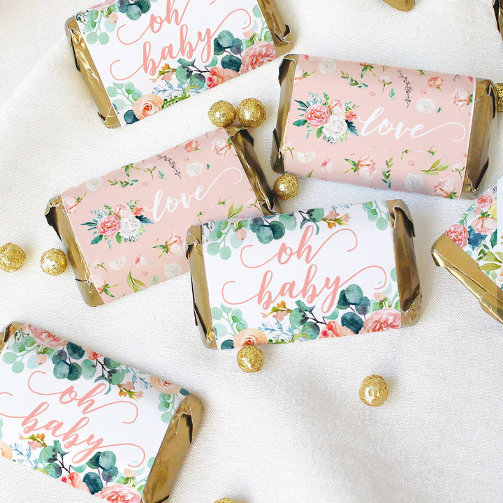 Pink Floral: Baby Shower Favor Mini Candy Bar Wrappers - Spring, Girl - 45 Stickers - Distinctivs Party
