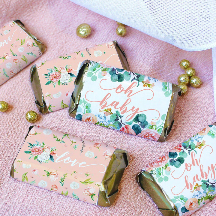 Pink Floral: Baby Shower Favor Mini Candy Bar Wrappers - Spring, Girl - 45 Stickers - Distinctivs Party