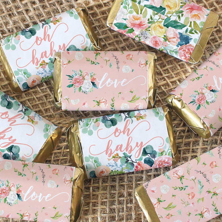 Pink Floral: Baby Shower Favor Mini Candy Bar Wrappers - Spring, Girl - 45 Stickers - Distinctivs Party