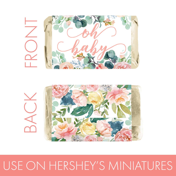 Pink Floral: Baby Shower Favor Mini Candy Bar Wrappers - Spring, Girl - 45 Stickers - Distinctivs Party