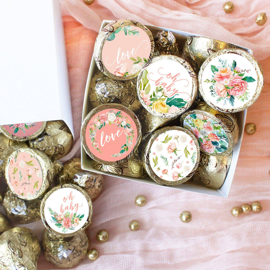 Pink Floral: Baby Shower Favor Stickers - Fits on Hershey's Kisses - Spring, Girl - 180 Stickers - Distinctivs Party