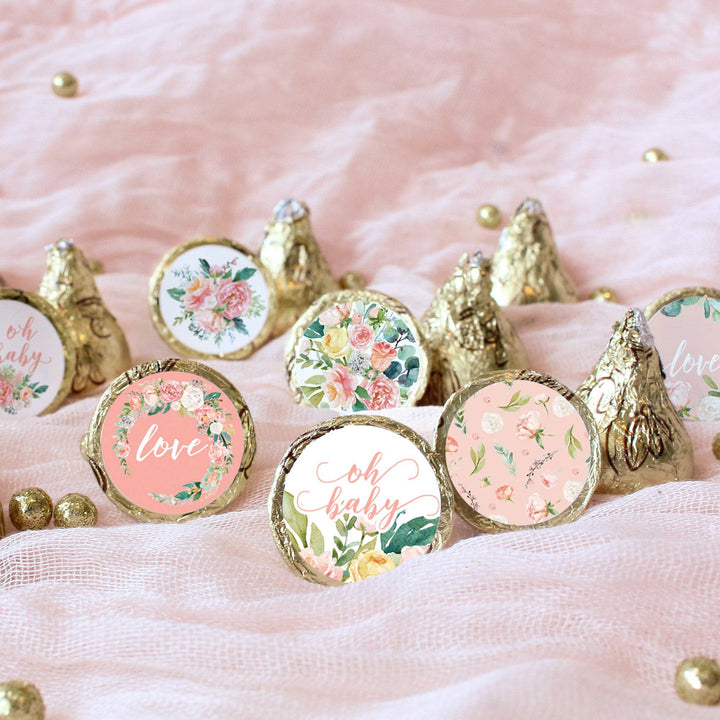 Pink Floral: Baby Shower Favor Stickers - Fits on Hershey's Kisses - Spring, Girl - 180 Stickers - Distinctivs Party