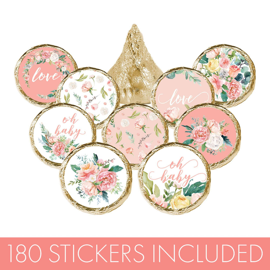Pink Floral: Baby Shower Favor Stickers - Fits on Hershey's Kisses - Spring, Girl - 180 Stickers - Distinctivs Party