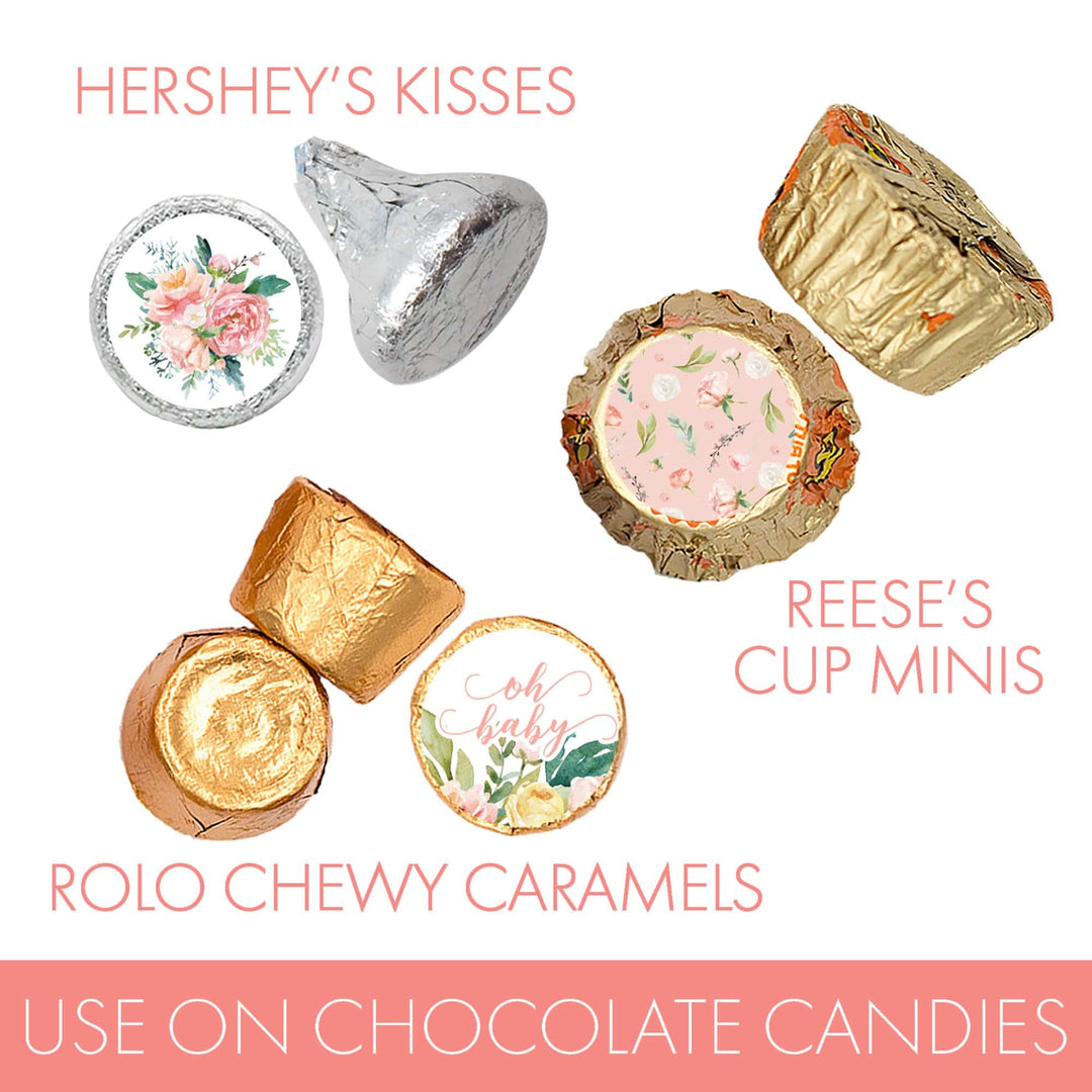 Pink Floral: Baby Shower Favor Stickers - Fits on Hershey's Kisses - Spring, Girl - 180 Stickers - Distinctivs Party