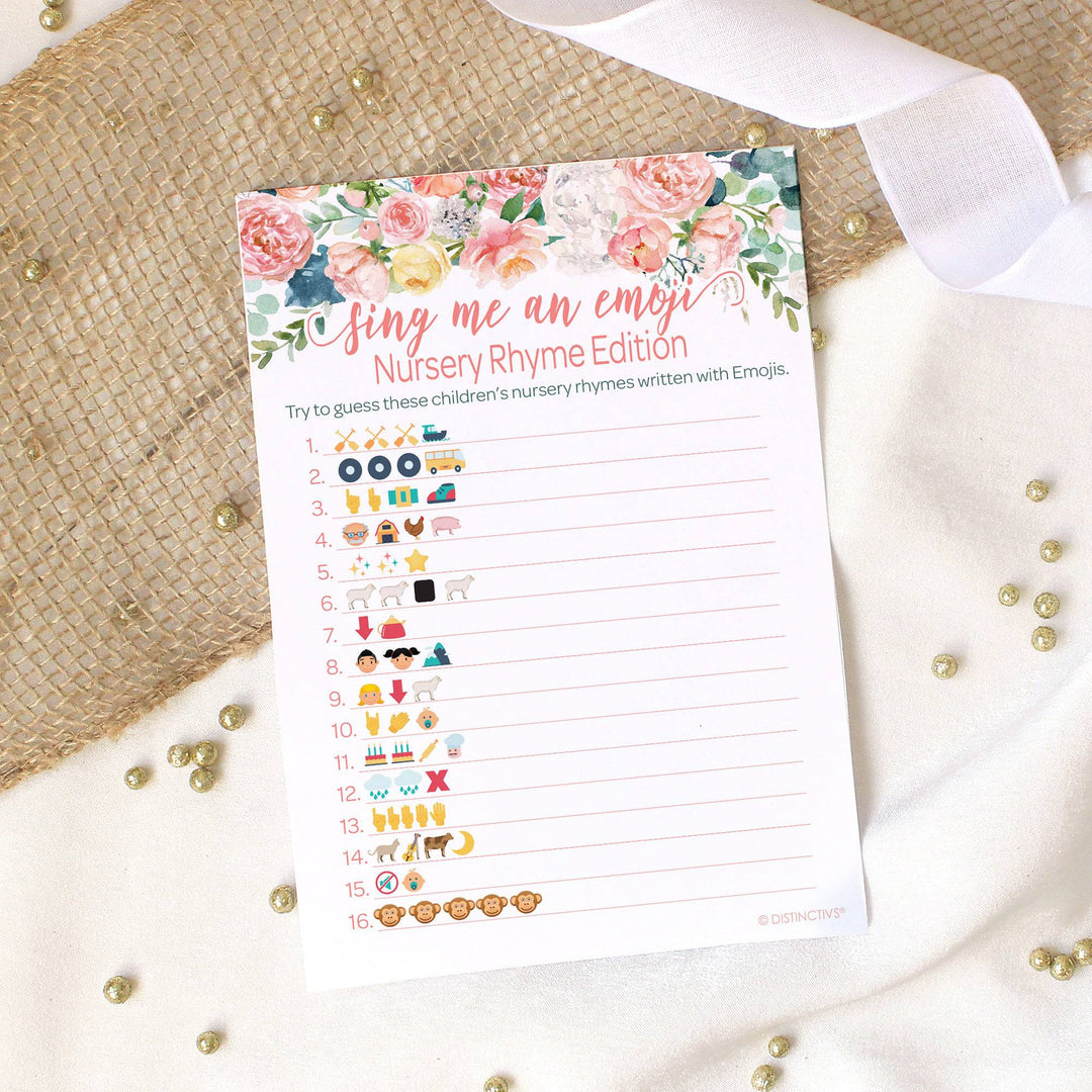 Pink Floral: Baby Shower Game - Guess the Nursery Rhyme Emoji - Spring, Girl - 20 Cards - Distinctivs Party