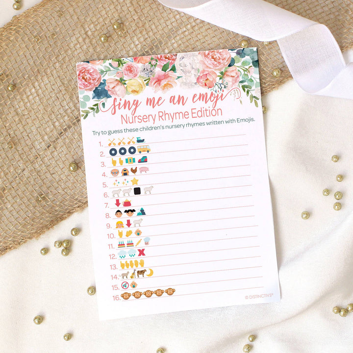 Pink Floral: Baby Shower Game - Guess the Nursery Rhyme Emoji - Spring, Girl - 20 Cards - Distinctivs Party