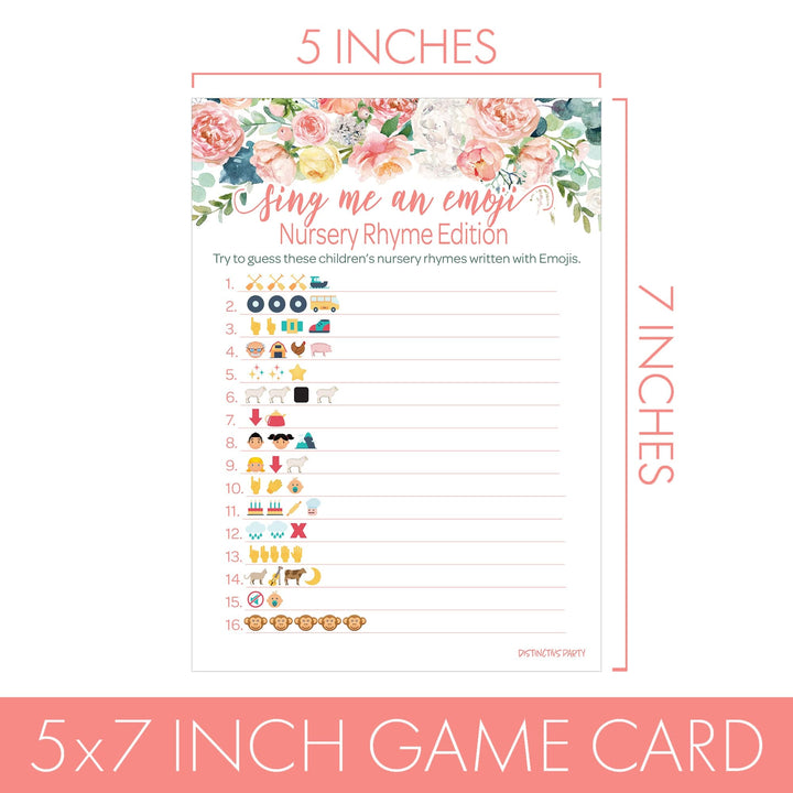 Pink Floral: Baby Shower Game - Guess the Nursery Rhyme Emoji - Spring, Girl - 20 Cards - Distinctivs Party