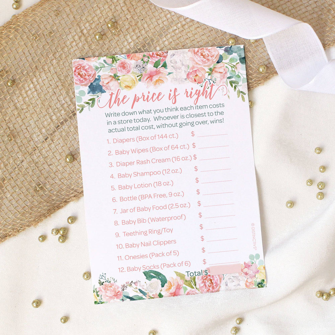 Pink Floral: Baby Shower Game - The Price is Right - Spring, Girl - 20 Game Cards - Distinctivs Party