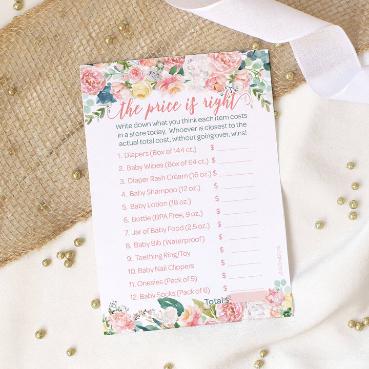 Pink Floral: Baby Shower Game - The Price is Right - Spring, Girl - 20 Game Cards - Distinctivs Party