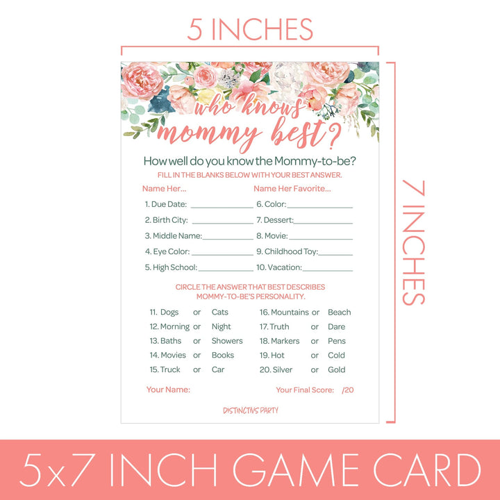 Pink Floral: Baby Shower Game - Who Knows Mommy Best - Spring, Girl -  20 Cards - Distinctivs Party
