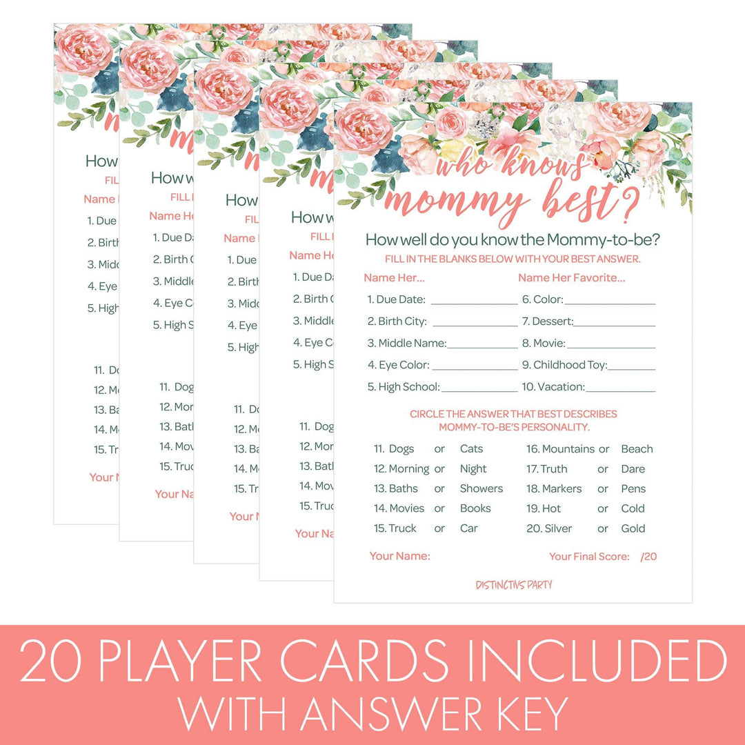 Pink Floral: Baby Shower Game - Who Knows Mommy Best - Spring, Girl -  20 Cards - Distinctivs Party