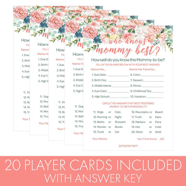 Pink Floral: Baby Shower Game - Who Knows Mommy Best - Spring, Girl -  20 Cards - Distinctivs Party