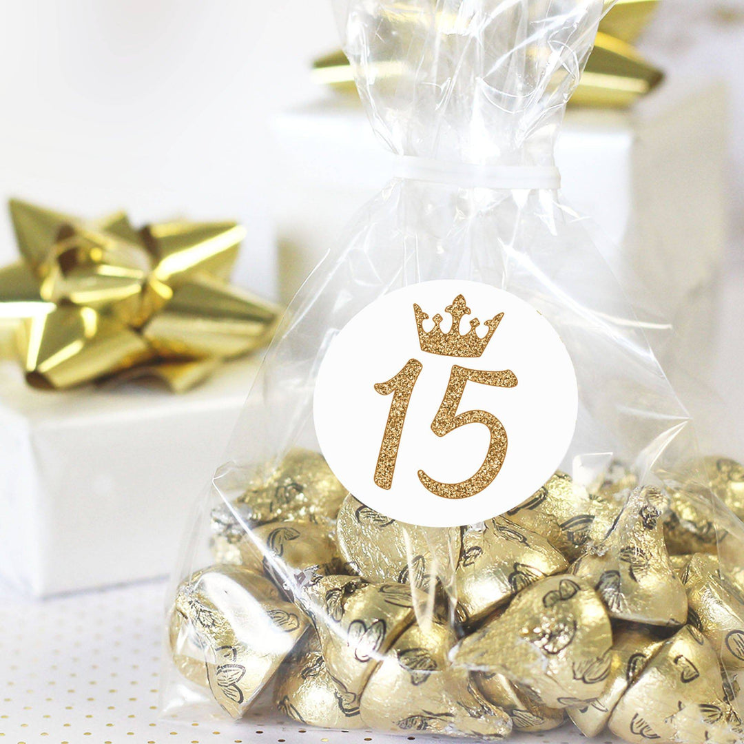 Quinceañera: White & Gold - Sparkling Mis Quince 15th Birthday - Party Favor Stickers - 40 Stickers - Distinctivs Party